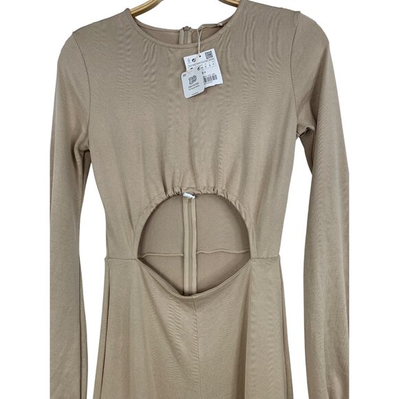 Zara Beige Long-Sleeve Cutout Jumpsuit Size S Crop Pouf Sleeves Tan RX10363 - Picture 12 of 14